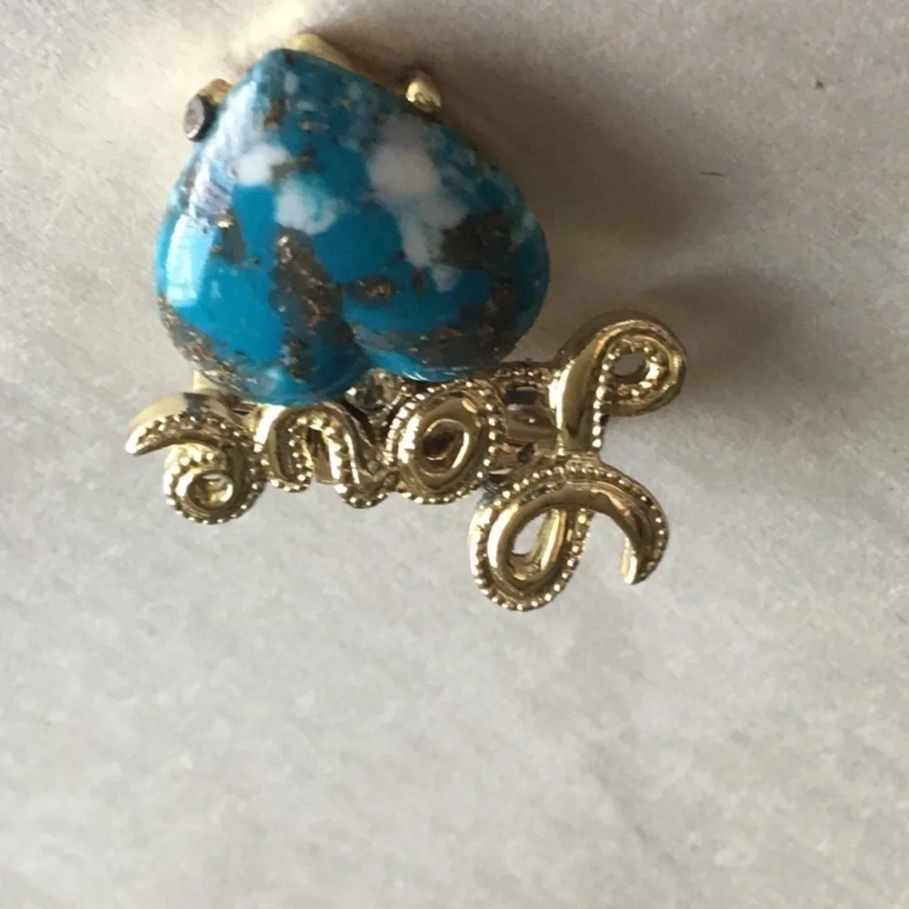 TURQUOISE VINTAGE HEART AND LOVE SPELLED‎ OUT PIN BROOCH